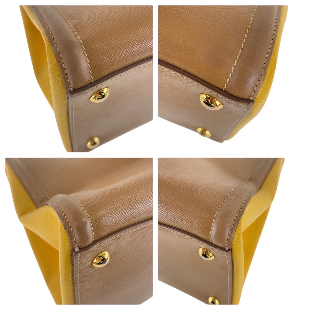 Prada Tote Bag Leather Brown Yellow Gold Metal Tote Bag Shoulder Bag 2Way Safiano Triangle With