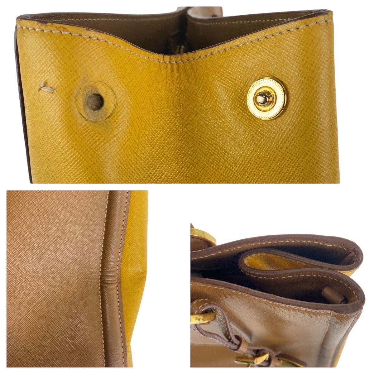Prada Tote Bag Leather Brown Yellow Gold Metal Tote Bag Shoulder Bag 2Way Safiano Triangle With