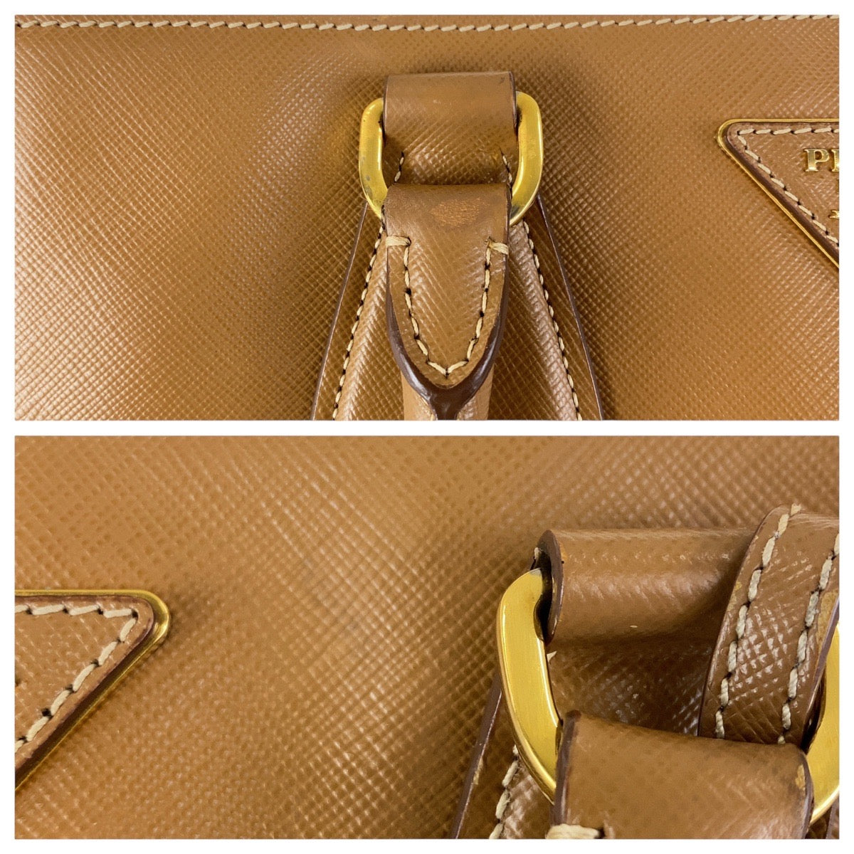 Prada Tote Bag Leather Brown Yellow Gold Metal Tote Bag Shoulder Bag 2Way Safiano Triangle With
