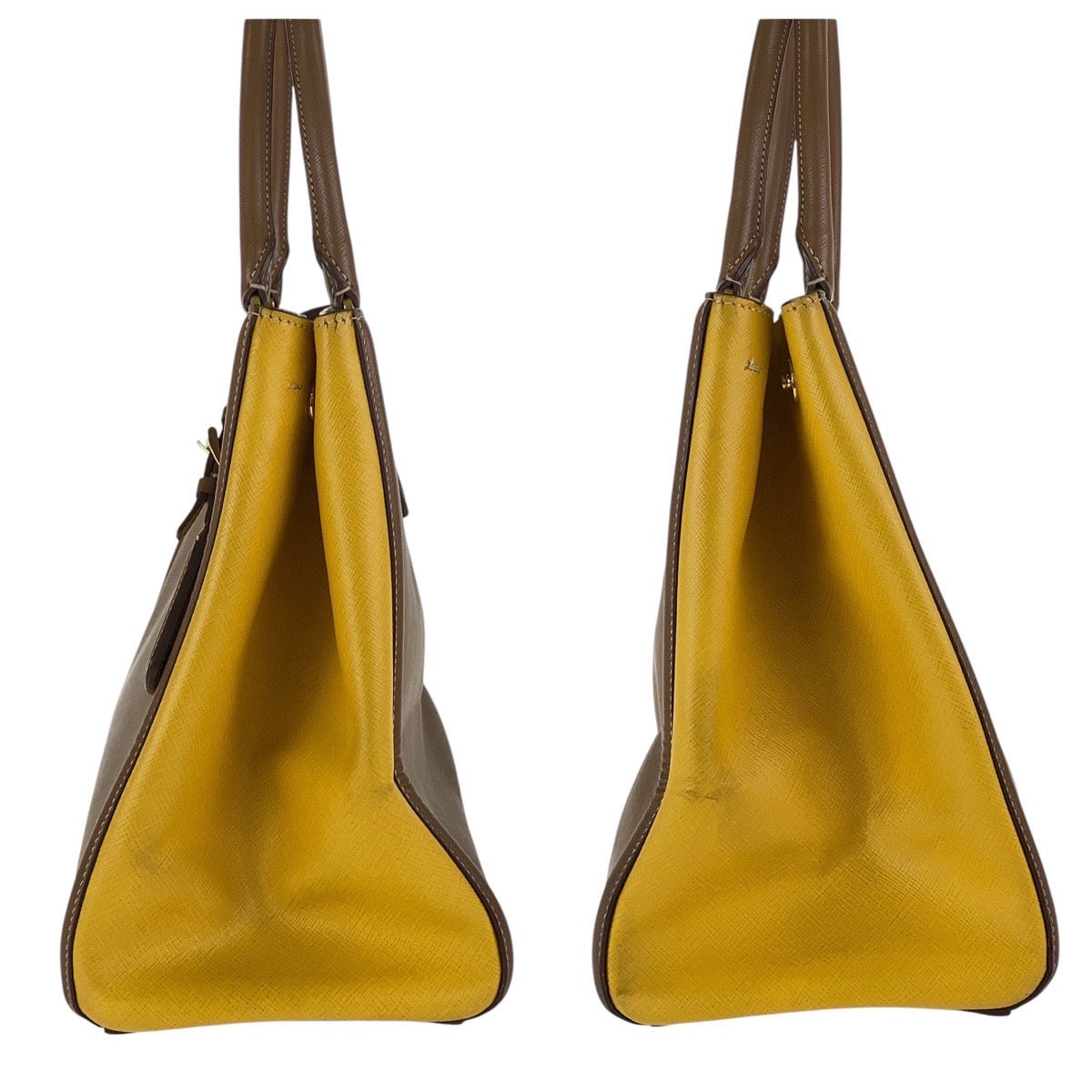 Prada Tote Bag Leather Brown Yellow Gold Metal Tote Bag Shoulder Bag 2Way Safiano Triangle With