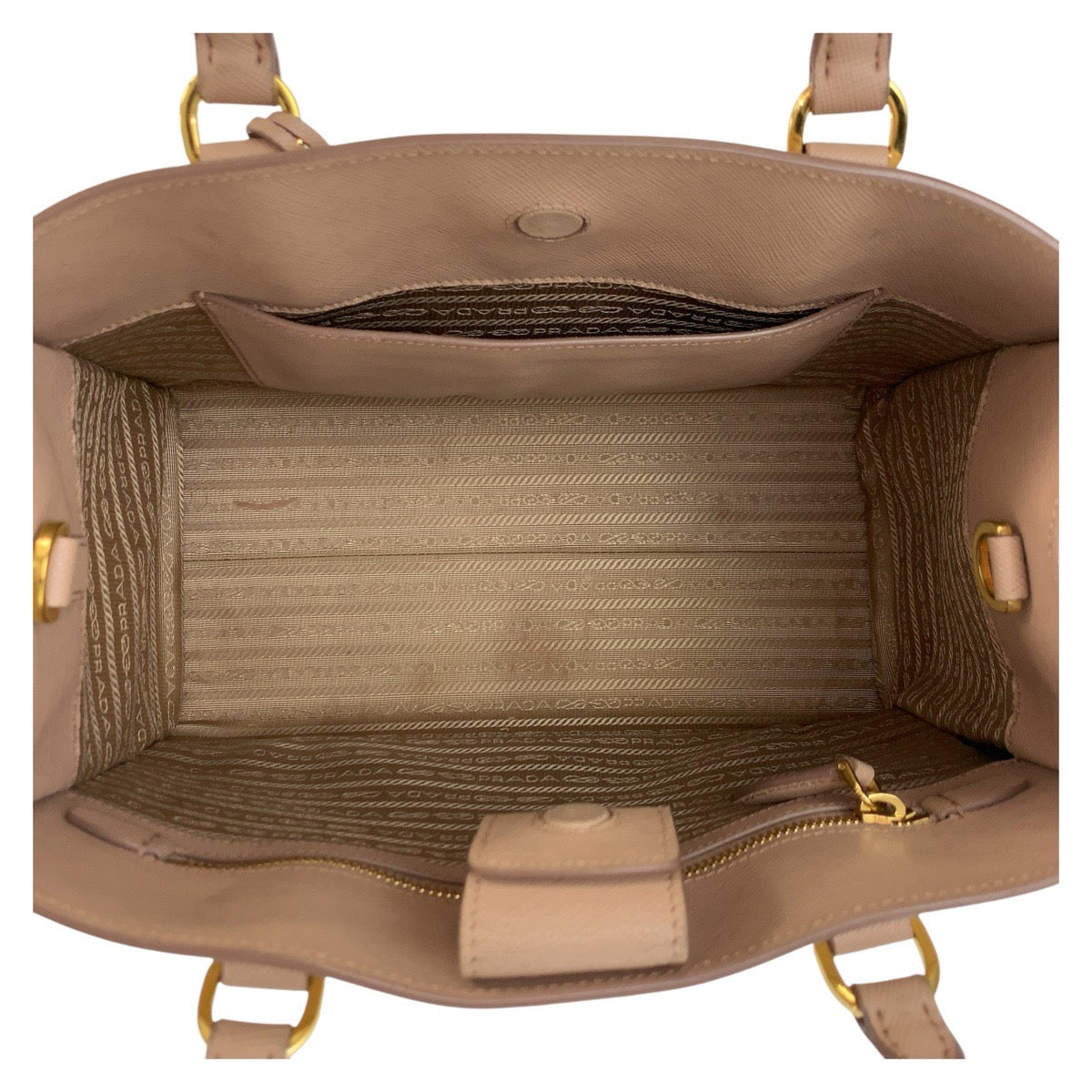 Prada Tote Bag Leather Pink Beige Gold Metal Tote Bag Handbag Safiano Women