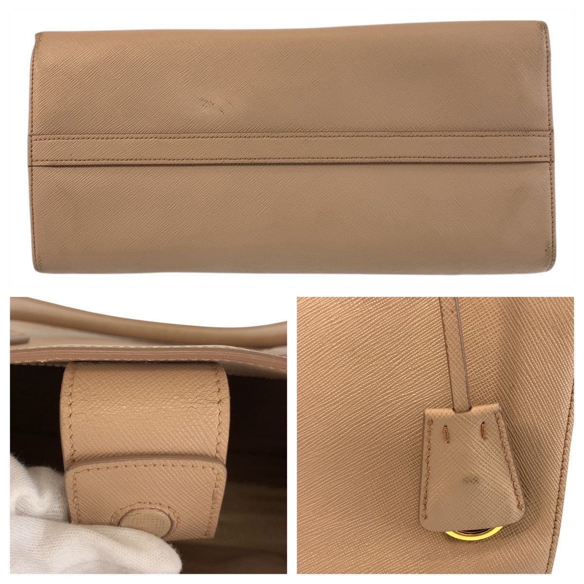 Prada Tote Bag Leather Pink Beige Gold Metal Tote Bag Handbag Safiano Women