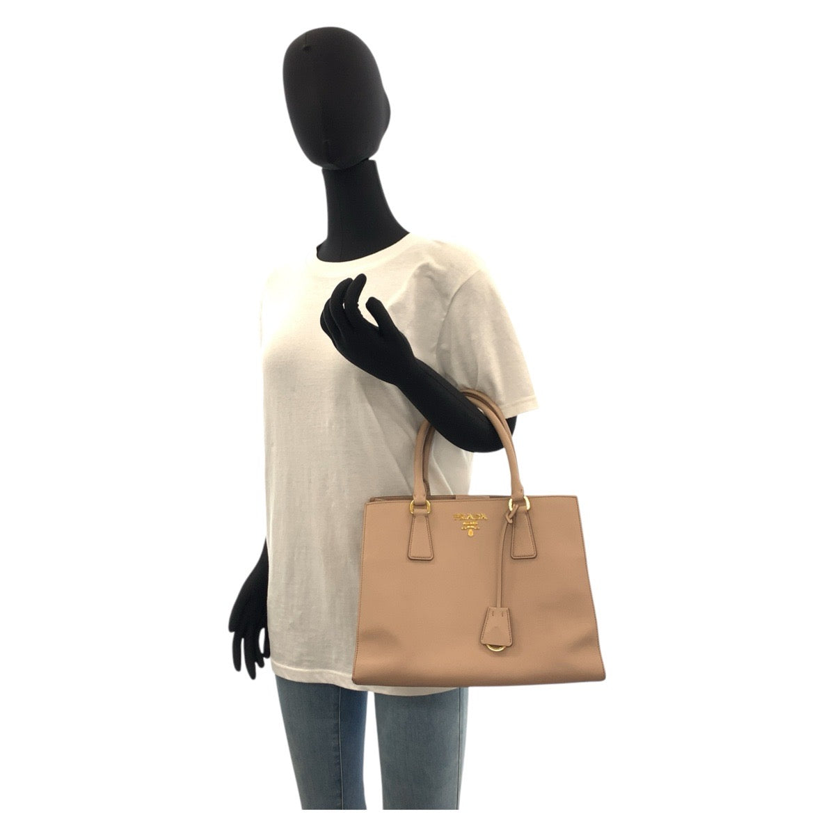 Prada Tote Bag Leather Pink Beige Gold Metal Tote Bag Handbag Safiano Women