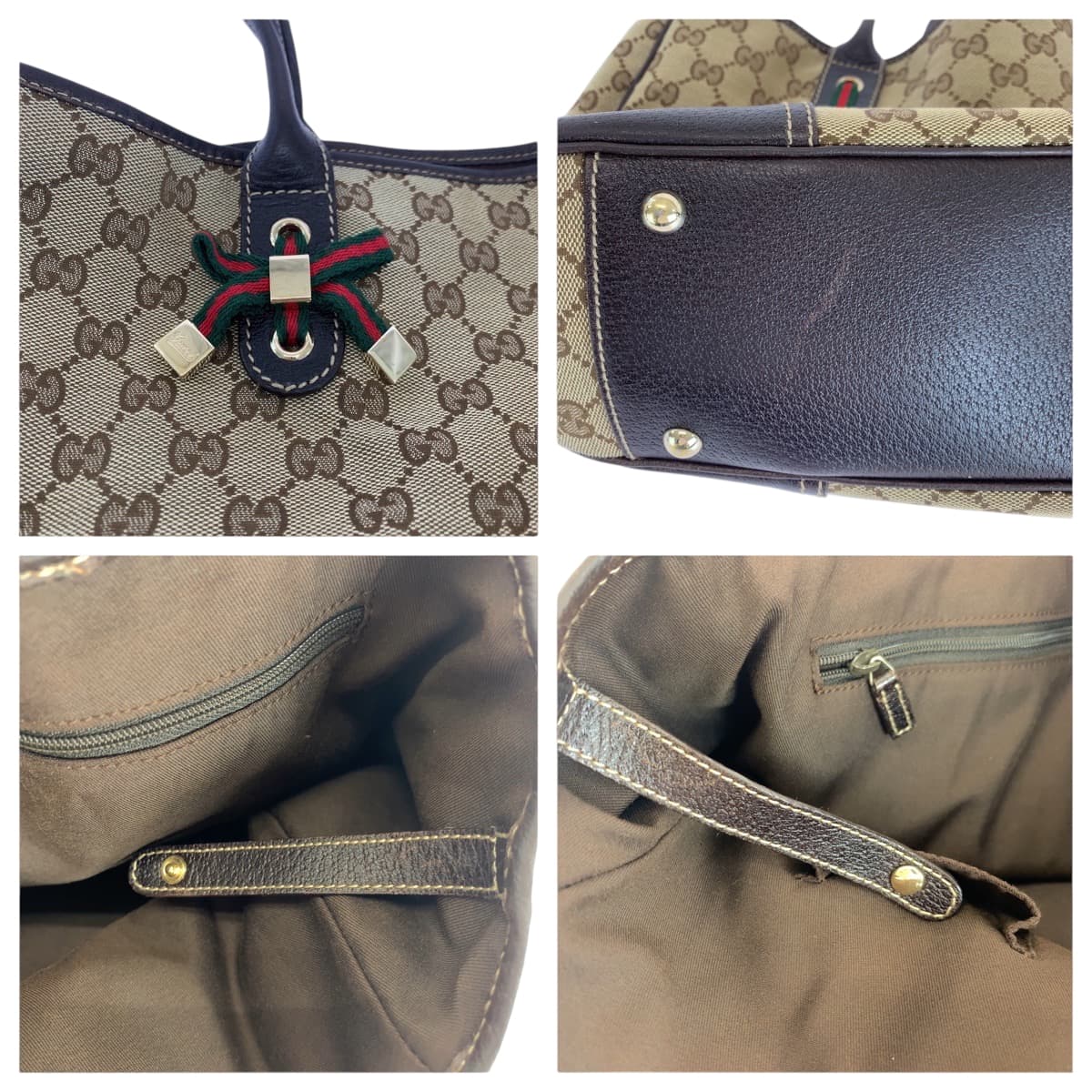Gucci Tote Bag 163805 Gg Canvas Beige Brown Gold Metal Tote Bag Shoulder Bag Sherry Line Pretty