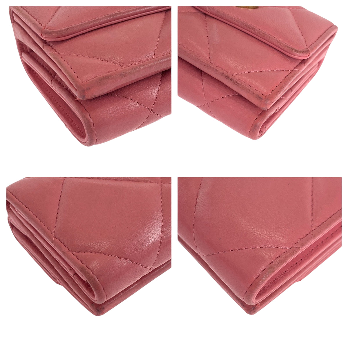 Chanel Tri-Fold Wallet Lambskin Pink Gold Metal Folding Wallet Compact Wallet 19 Year Old Matelasse