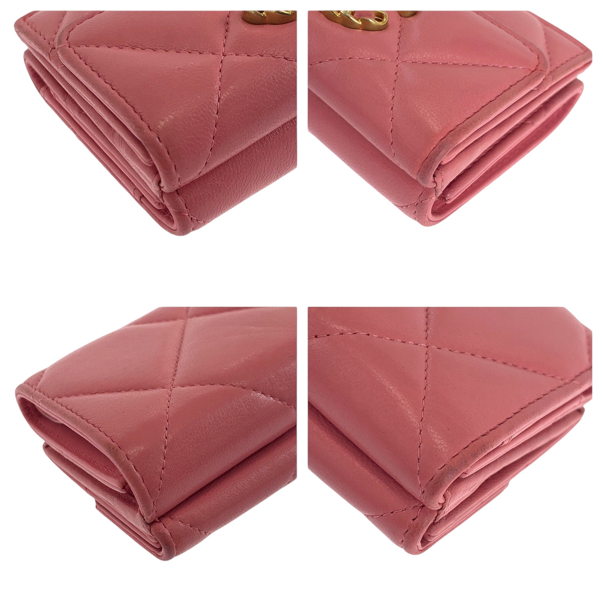 Chanel Tri-Fold Wallet Lambskin Pink Gold Metal Folding Wallet Compact Wallet 19 Year Old Matelasse