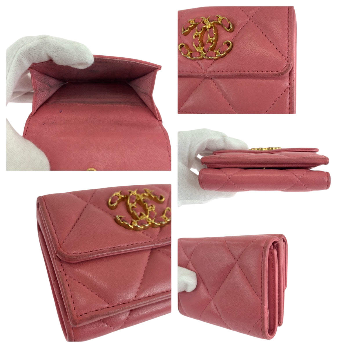 Chanel Tri-Fold Wallet Lambskin Pink Gold Metal Folding Wallet Compact Wallet 19 Year Old Matelasse