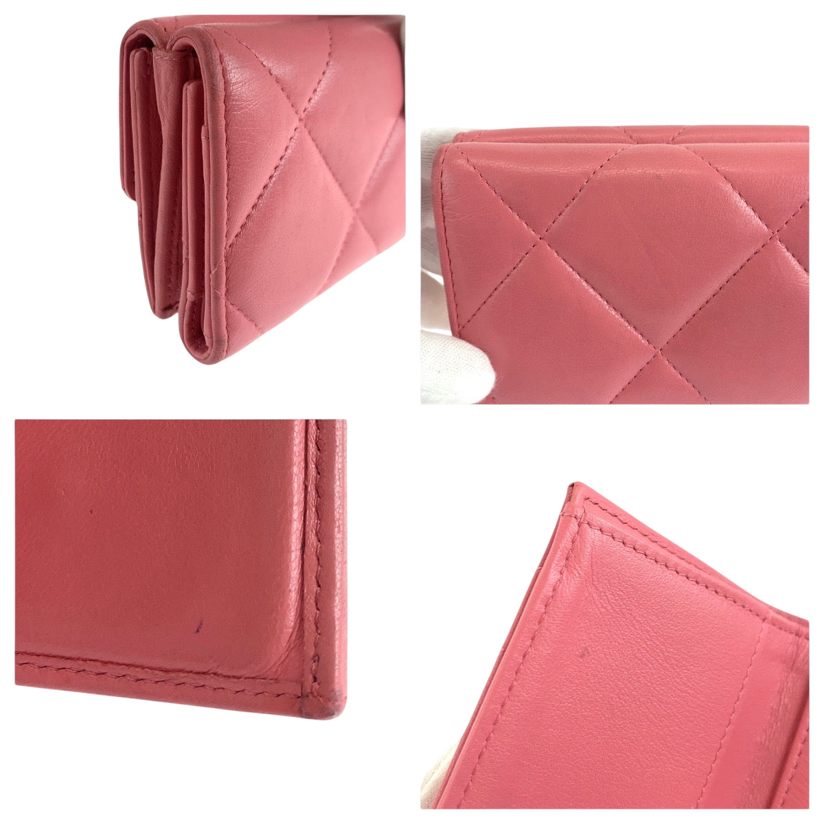 Chanel Tri-Fold Wallet Lambskin Pink Gold Metal Folding Wallet Compact Wallet 19 Year Old Matelasse