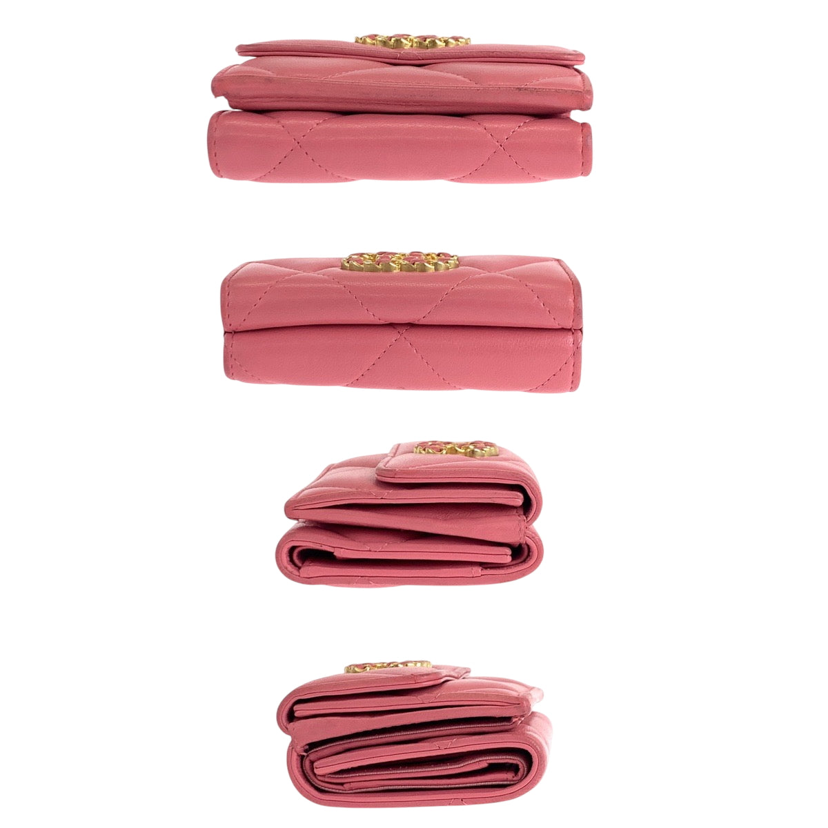 Chanel Tri-Fold Wallet Lambskin Pink Gold Metal Folding Wallet Compact Wallet 19 Year Old Matelasse