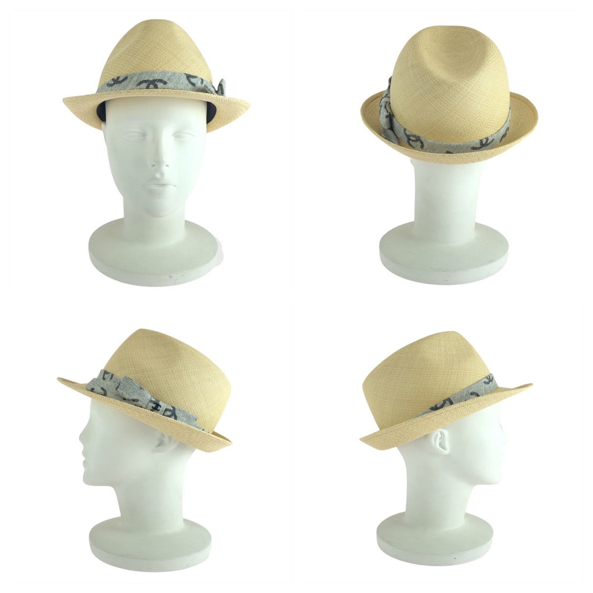 Chanel Hat Straw Beige Gray Coco Mark M