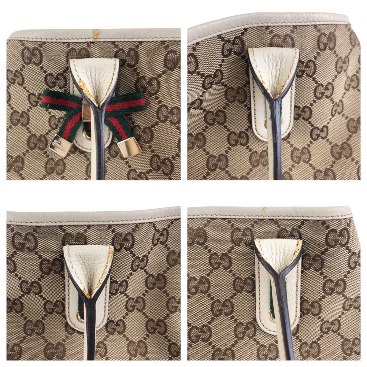 Gucci Tote Bag 168805 Gg Canvas, Leather Beige Ivory Gold Metal Tote Bag Shoulder Bag Sherry Line