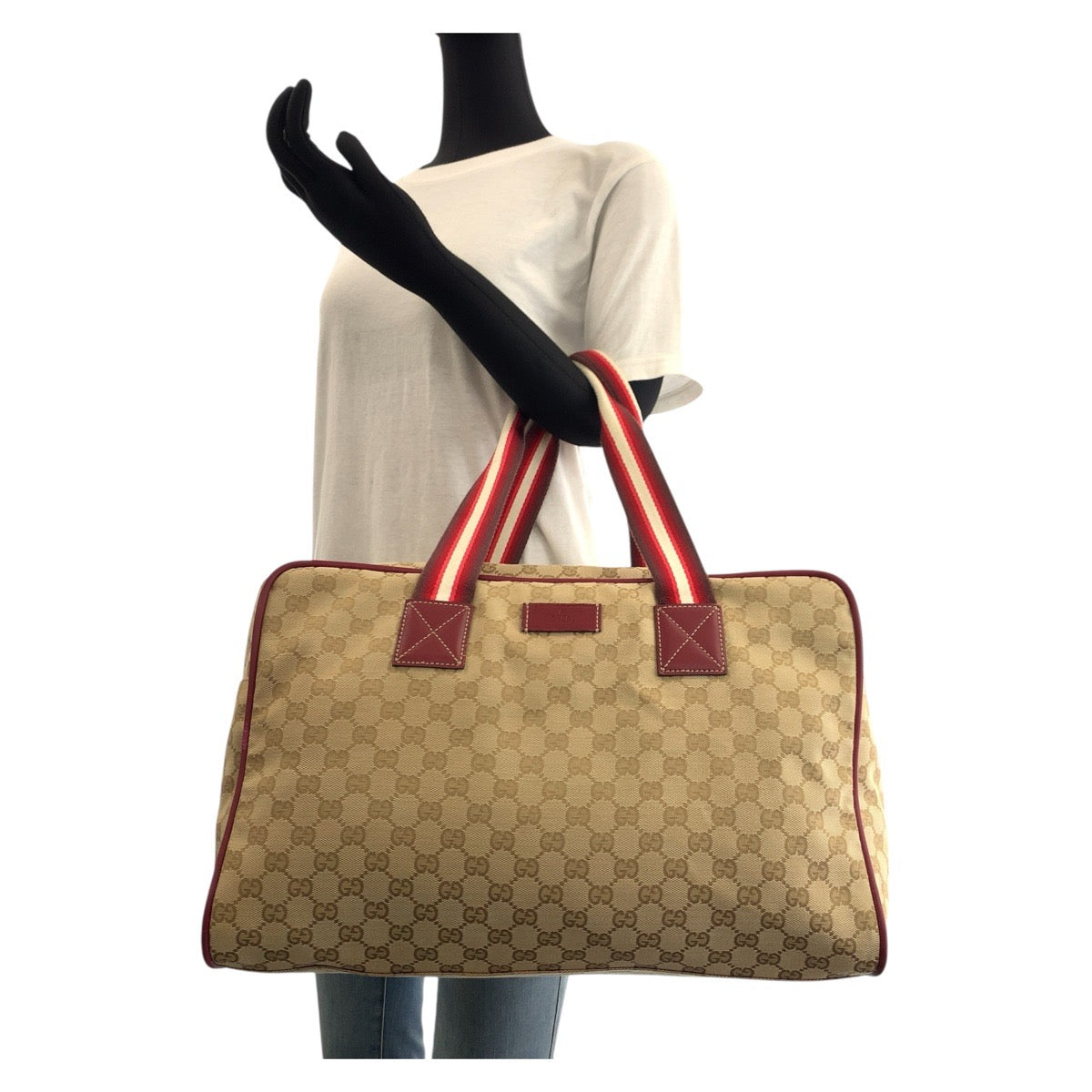 Gucci Boston Duffel Bag 153240 Gg Canvas, Leather Beige Bordeaux Silvermetal Boston Duffel Bag