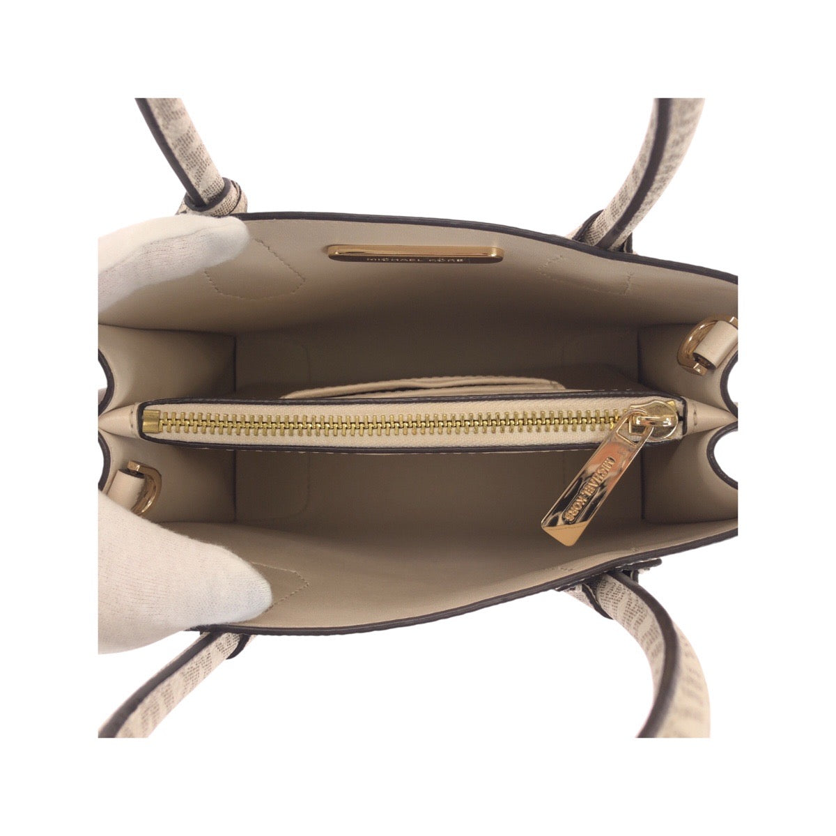 Michael Kors Tote Bag Leather Beige Ivory Gold Metal Tote Bag Shoulder Bag 2Way Women