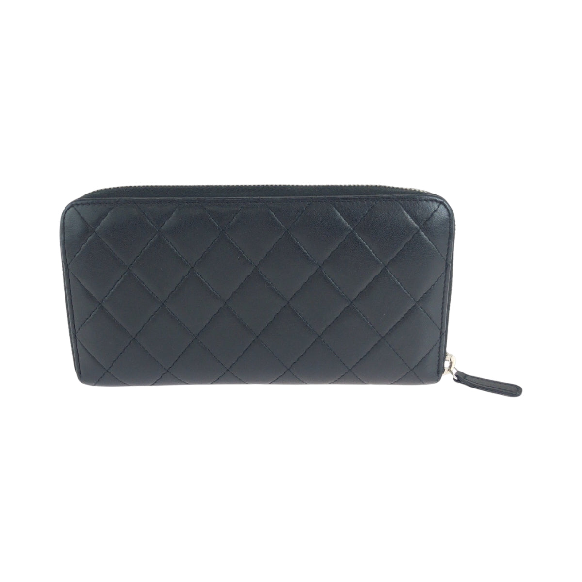 Chanel Long Wallet Purse Lambskin Black Silver Metal Long Wallet Purse Zip Around Matrasse Coco