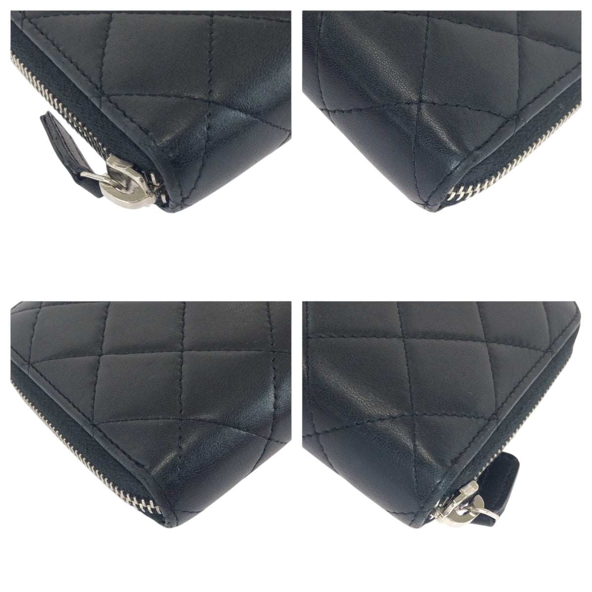 Chanel Long Wallet Purse Lambskin Black Silver Metal Long Wallet Purse Zip Around Matrasse Coco
