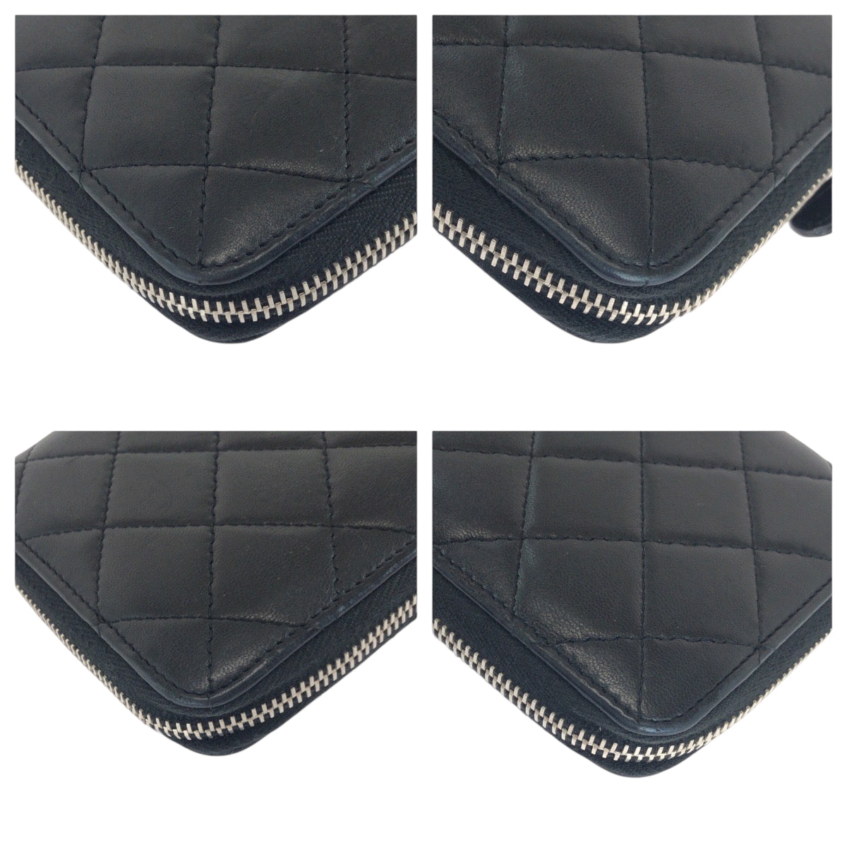 Chanel Long Wallet Purse Lambskin Black Silver Metal Long Wallet Purse Zip Around Matrasse Coco