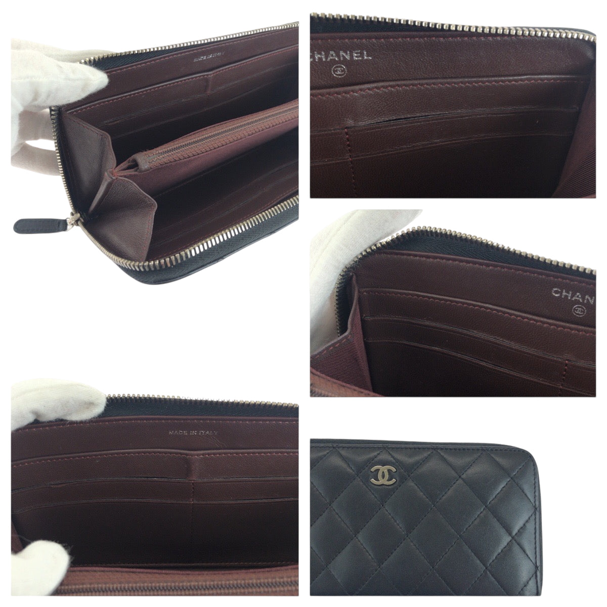 Chanel Long Wallet Purse Lambskin Black Silver Metal Long Wallet Purse Zip Around Matrasse Coco