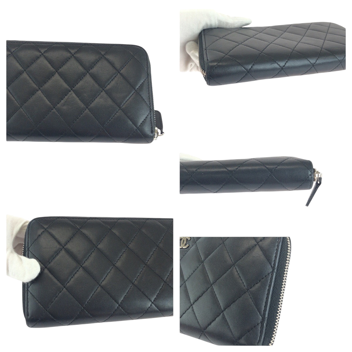 Chanel Long Wallet Purse Lambskin Black Silver Metal Long Wallet Purse Zip Around Matrasse Coco