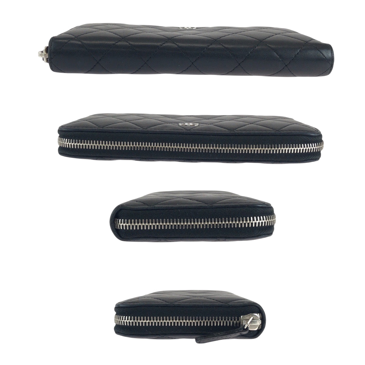 Chanel Long Wallet Purse Lambskin Black Silver Metal Long Wallet Purse Zip Around Matrasse Coco