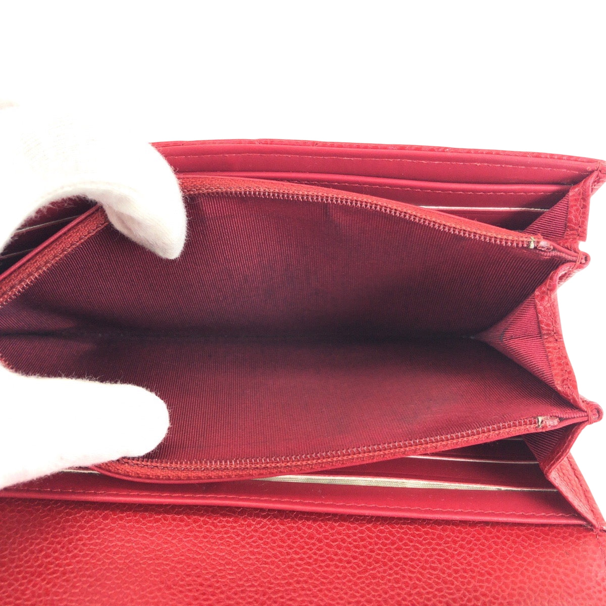Chanel Long Wallet Purse Caviar Skin Red Silver Metal Long Wallet Purse Matrasse Coco Mark Women