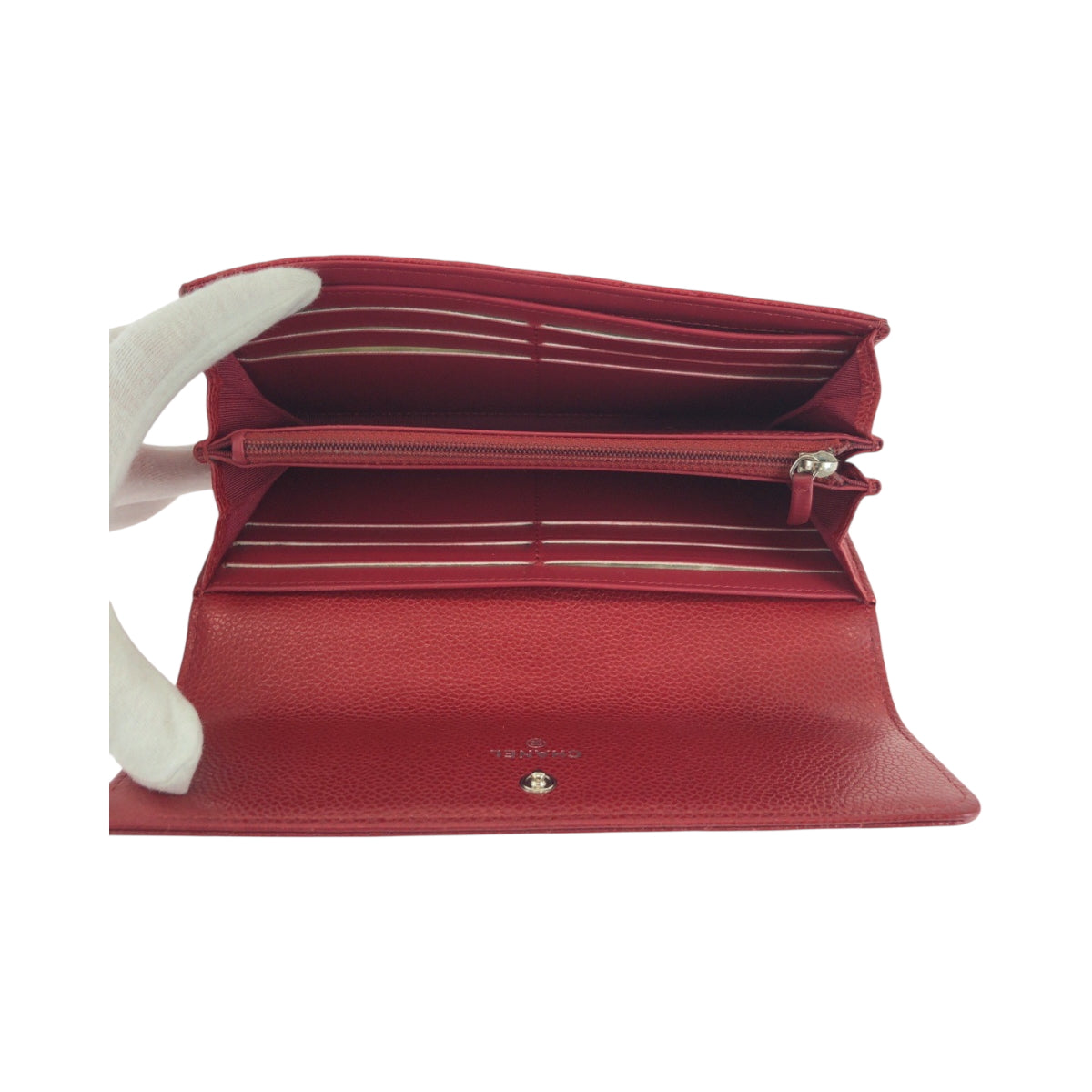 Chanel Long Wallet Purse Caviar Skin Red Silver Metal Long Wallet Purse Matrasse Coco Mark Women