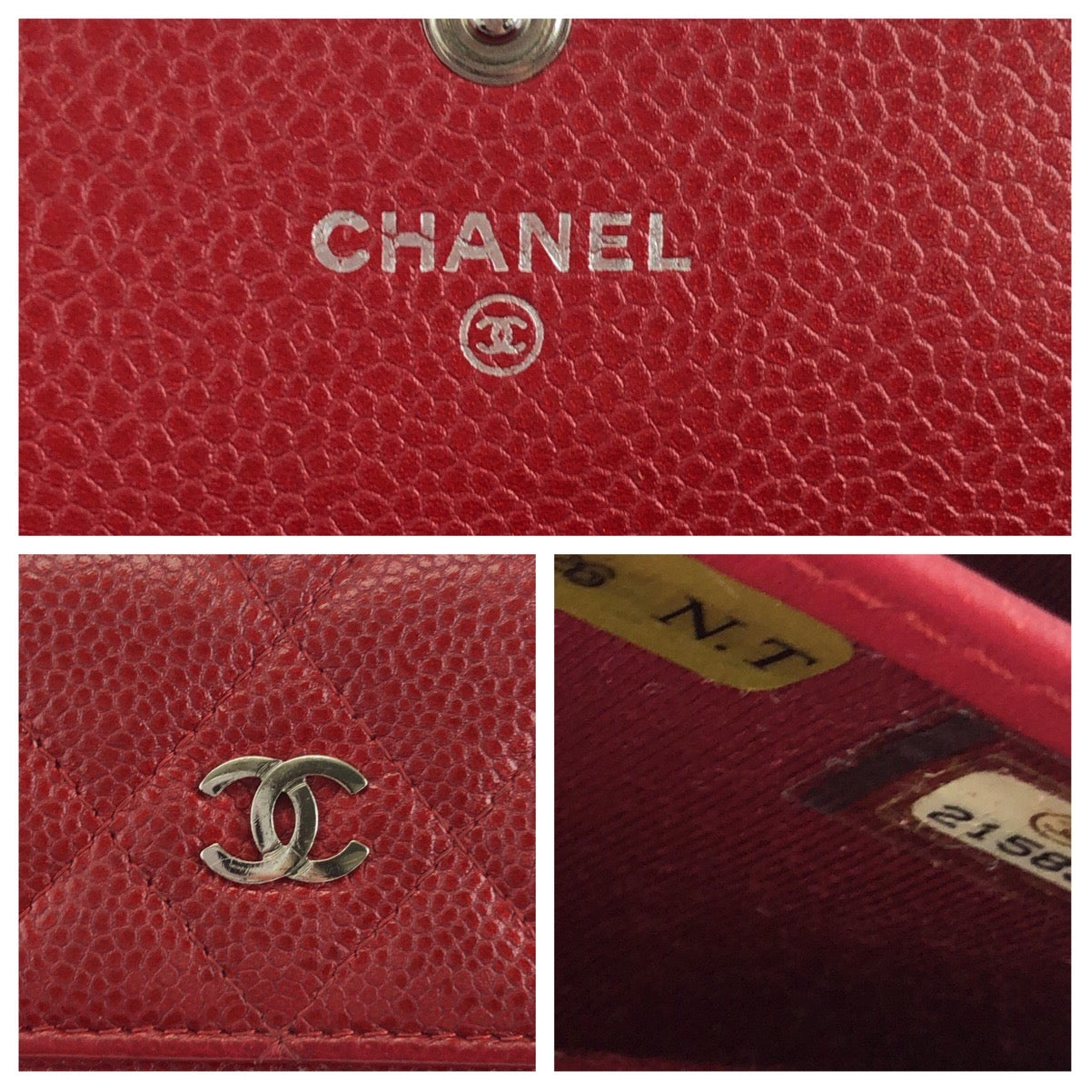 Chanel Long Wallet Purse Caviar Skin Red Silver Metal Long Wallet Purse Matrasse Coco Mark Women