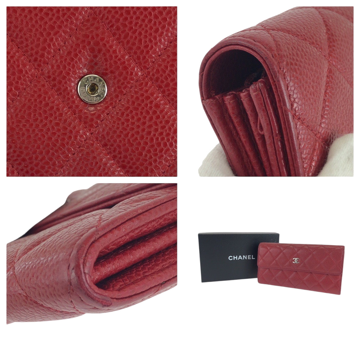 Chanel Long Wallet Purse Caviar Skin Red Silver Metal Long Wallet Purse Matrasse Coco Mark Women