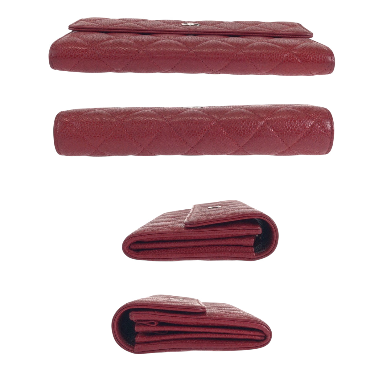 Chanel Long Wallet Purse Caviar Skin Red Silver Metal Long Wallet Purse Matrasse Coco Mark Women