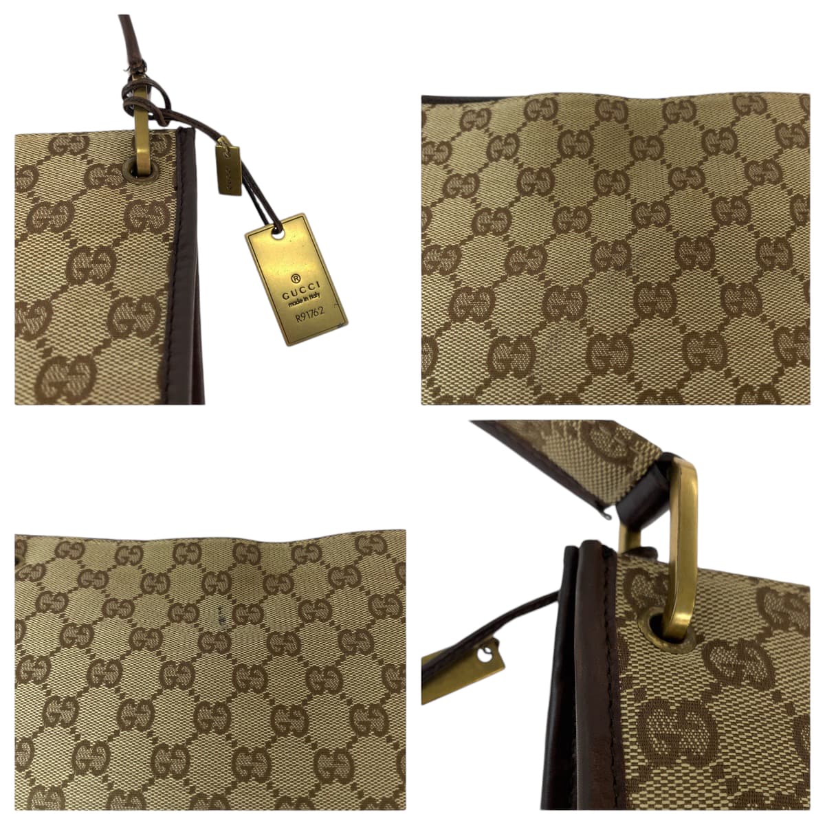 Gucci Shoulder Bag 91762 Gg Canvas Beige Brown Gold Metal Shoulder Bag Pochette Plate Charm Women