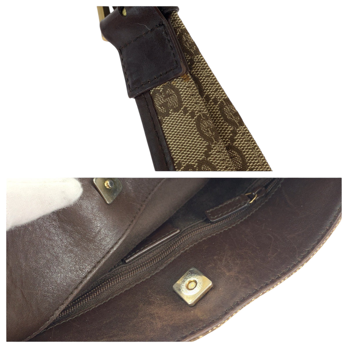 Gucci Shoulder Bag 91762 Gg Canvas Beige Brown Gold Metal Shoulder Bag Pochette Plate Charm Women