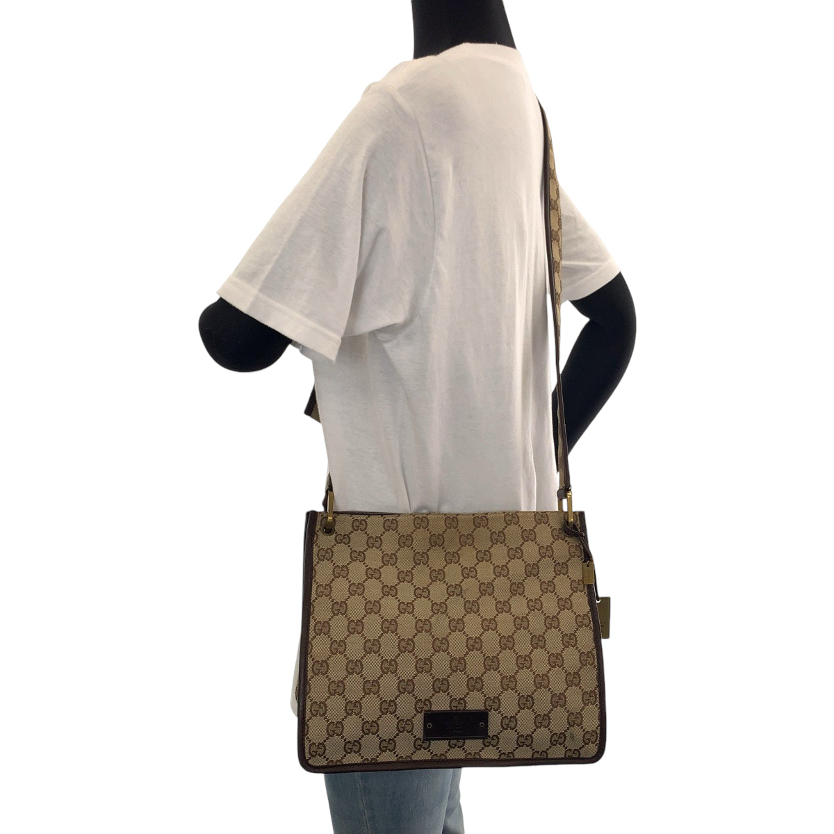 Gucci Shoulder Bag 91762 Gg Canvas Beige Brown Gold Metal Shoulder Bag Pochette Plate Charm Women