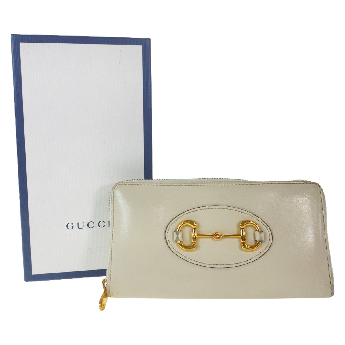 Gucci Long Wallet Purse 621889 Leather Off White Gold Metal Long Wallet Purse Round Zip Horsebit
