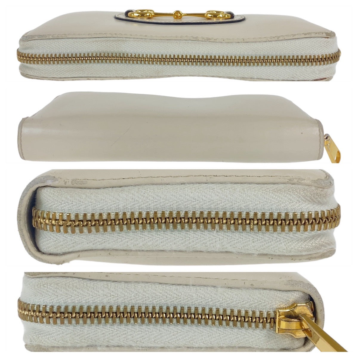 Gucci Long Wallet Purse 621889 Leather Off White Gold Metal Long Wallet Purse Round Zip Horsebit