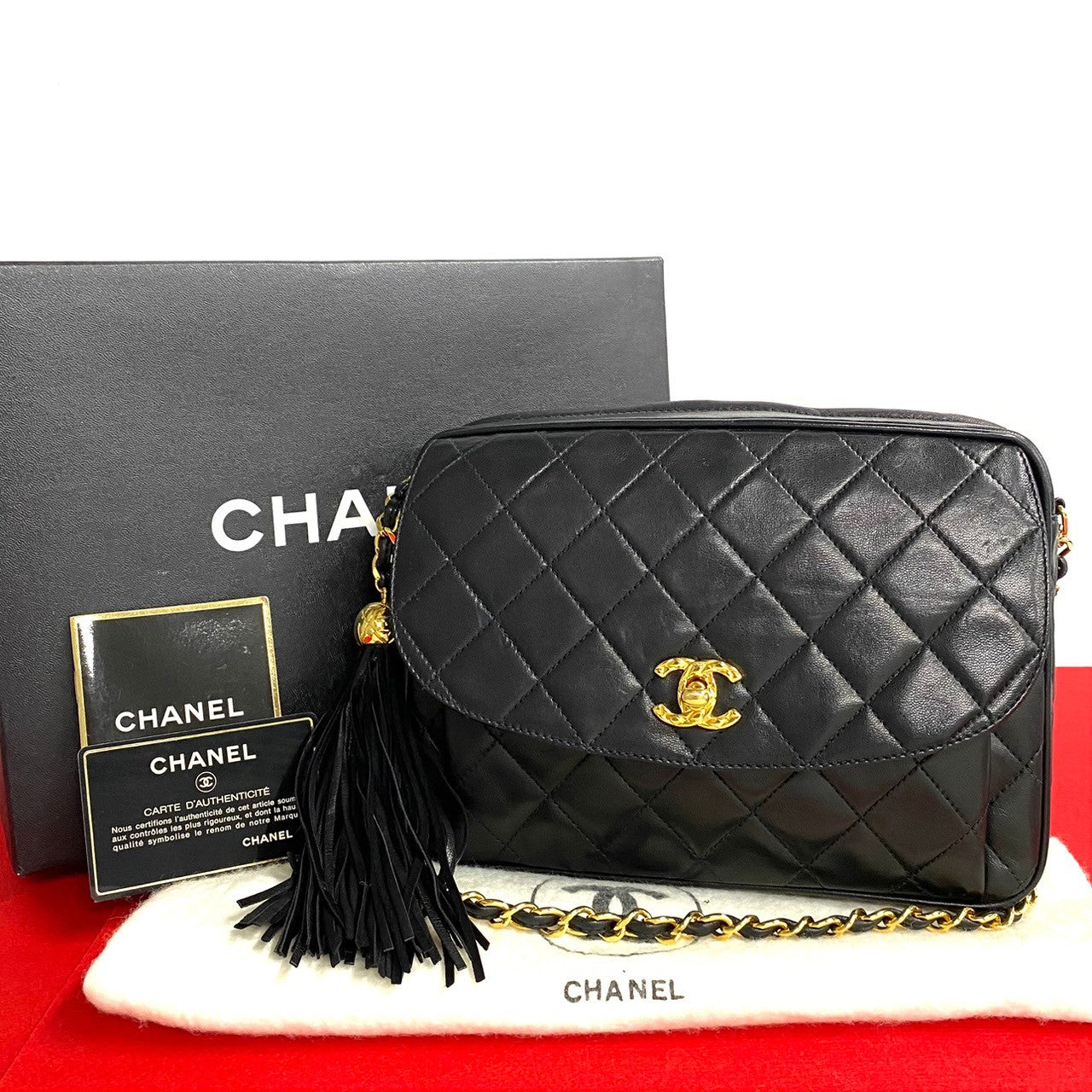 Chanel Shoulder Bag Lambskin Black Coco Mark Fringe Matrasse Women