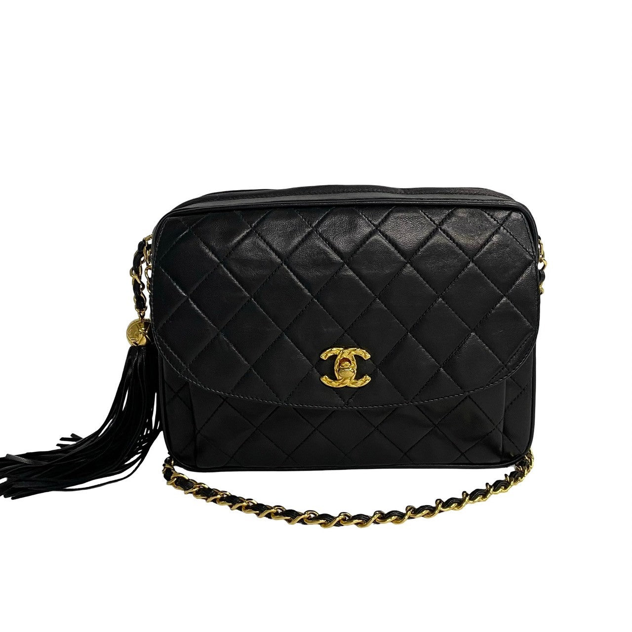 Chanel Shoulder Bag Lambskin Black Coco Mark Fringe Matrasse Women