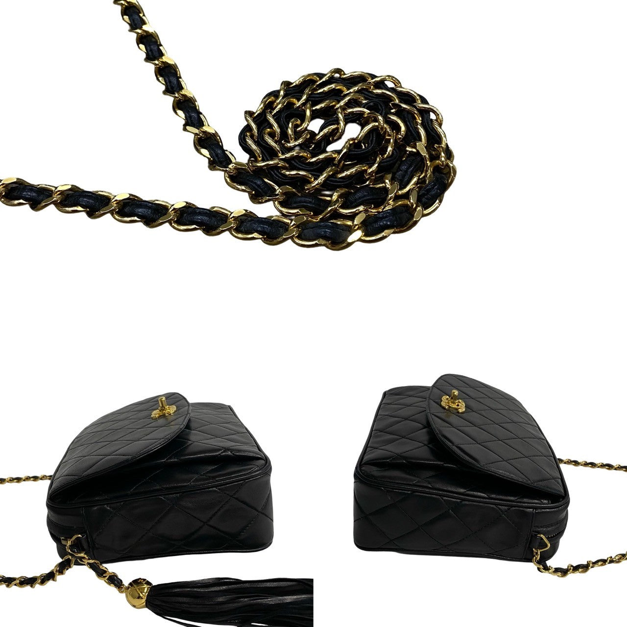 Chanel Shoulder Bag Lambskin Black Coco Mark Fringe Matrasse Women