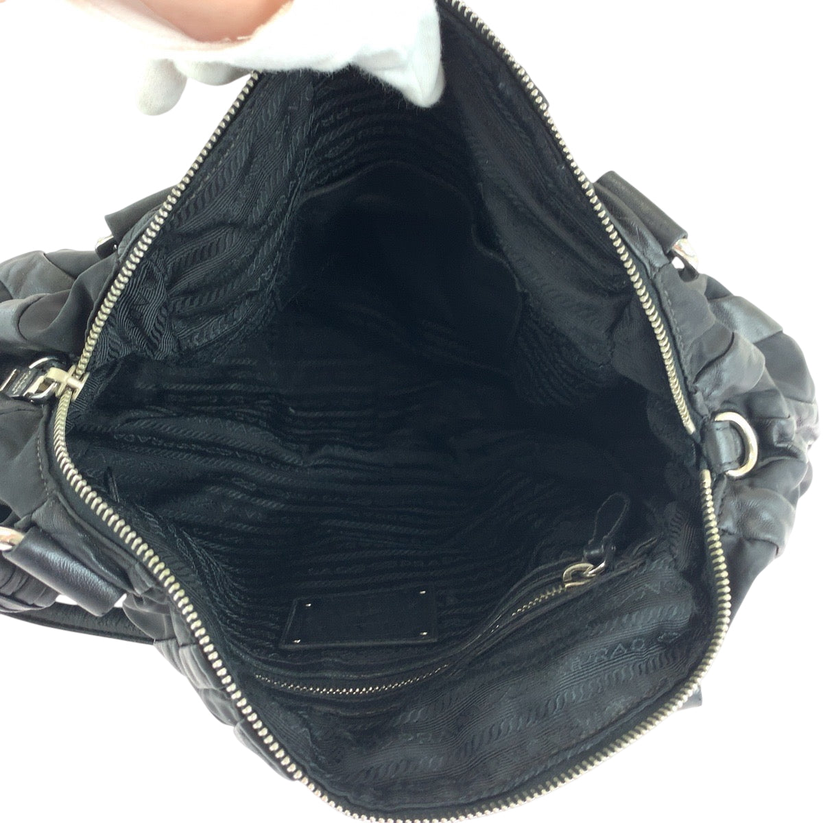 Prada Handbag Nylon, Leather Black Silver Metal Handbag Shoulder Bag Logo Women