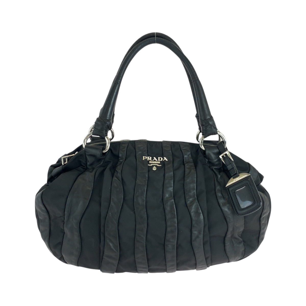Prada Handbag Nylon, Leather Black Silver Metal Handbag Shoulder Bag Logo Women