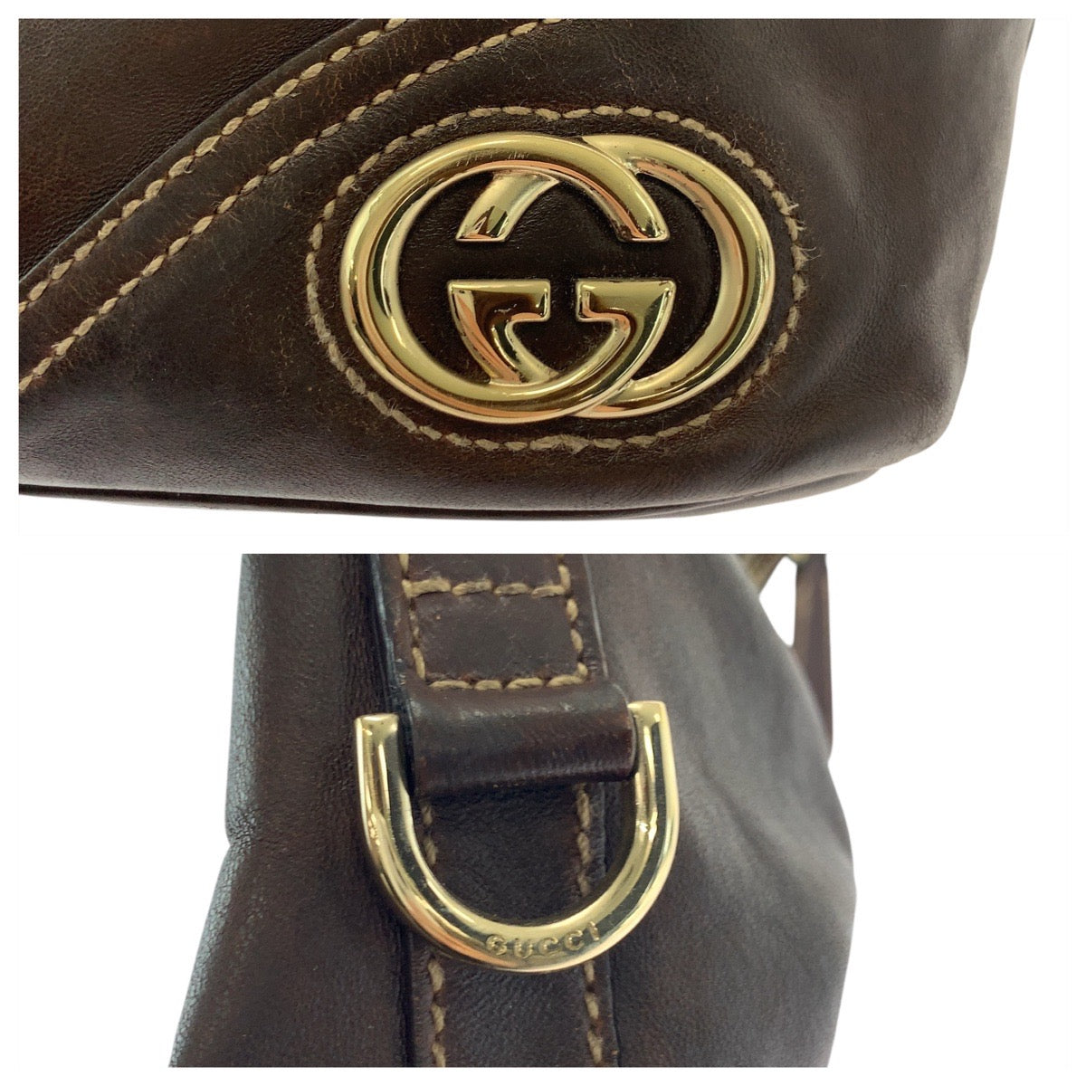Gucci Shoulder Bag 182491 Leather Brown Gold Metal Interlocking Women