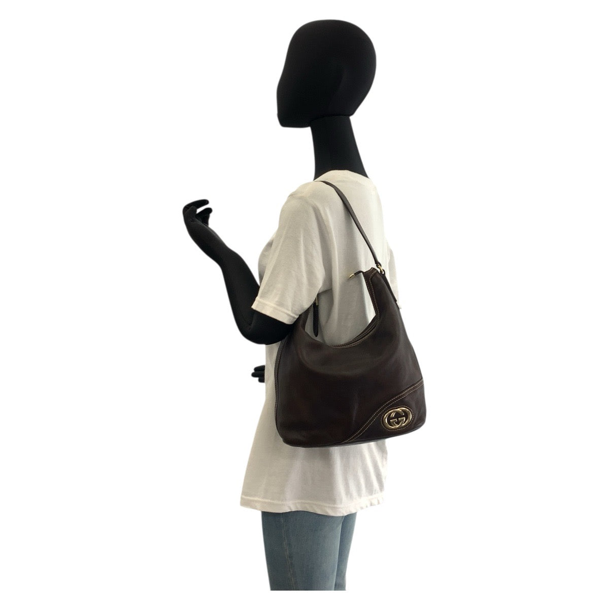 Gucci Shoulder Bag 182491 Leather Brown Gold Metal Interlocking Women
