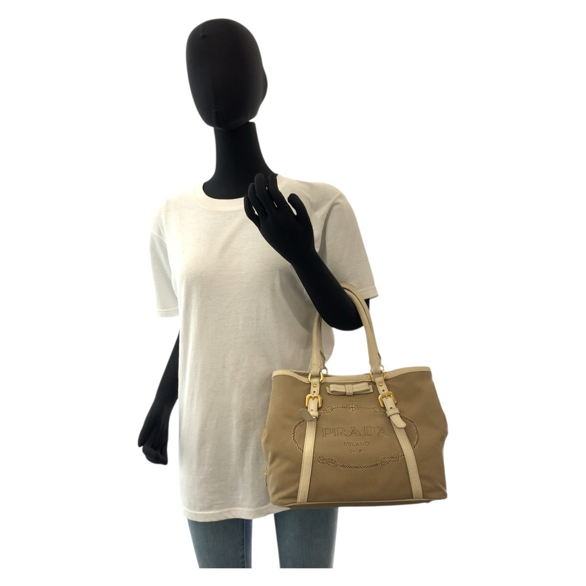 Prada Tote Bag Canvas, Leather Beige Gold Metal Tote Bag Shoulder Bag 2Way Logo Jacquard Women