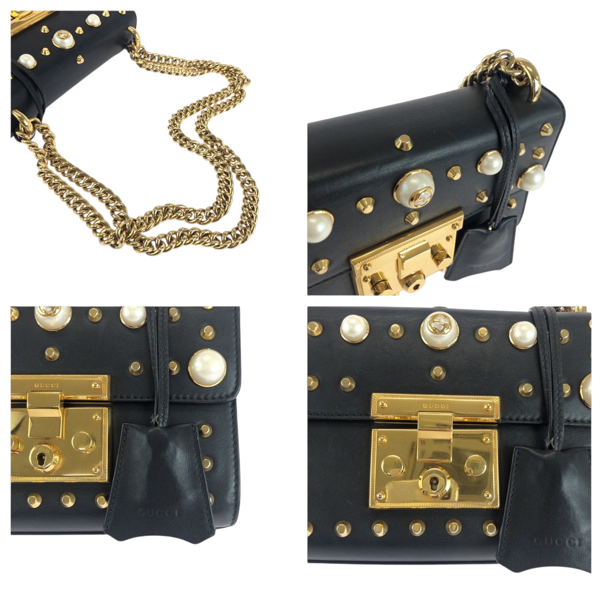 Gucci Shoulder Bag 432182 Leather Black Gold Metal Chainshoulder Bag Pochette Studs Pearl Women