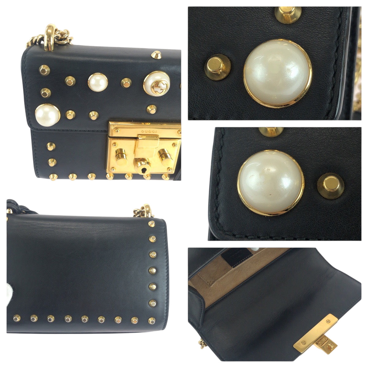 Gucci Shoulder Bag 432182 Leather Black Gold Metal Chainshoulder Bag Pochette Studs Pearl Women