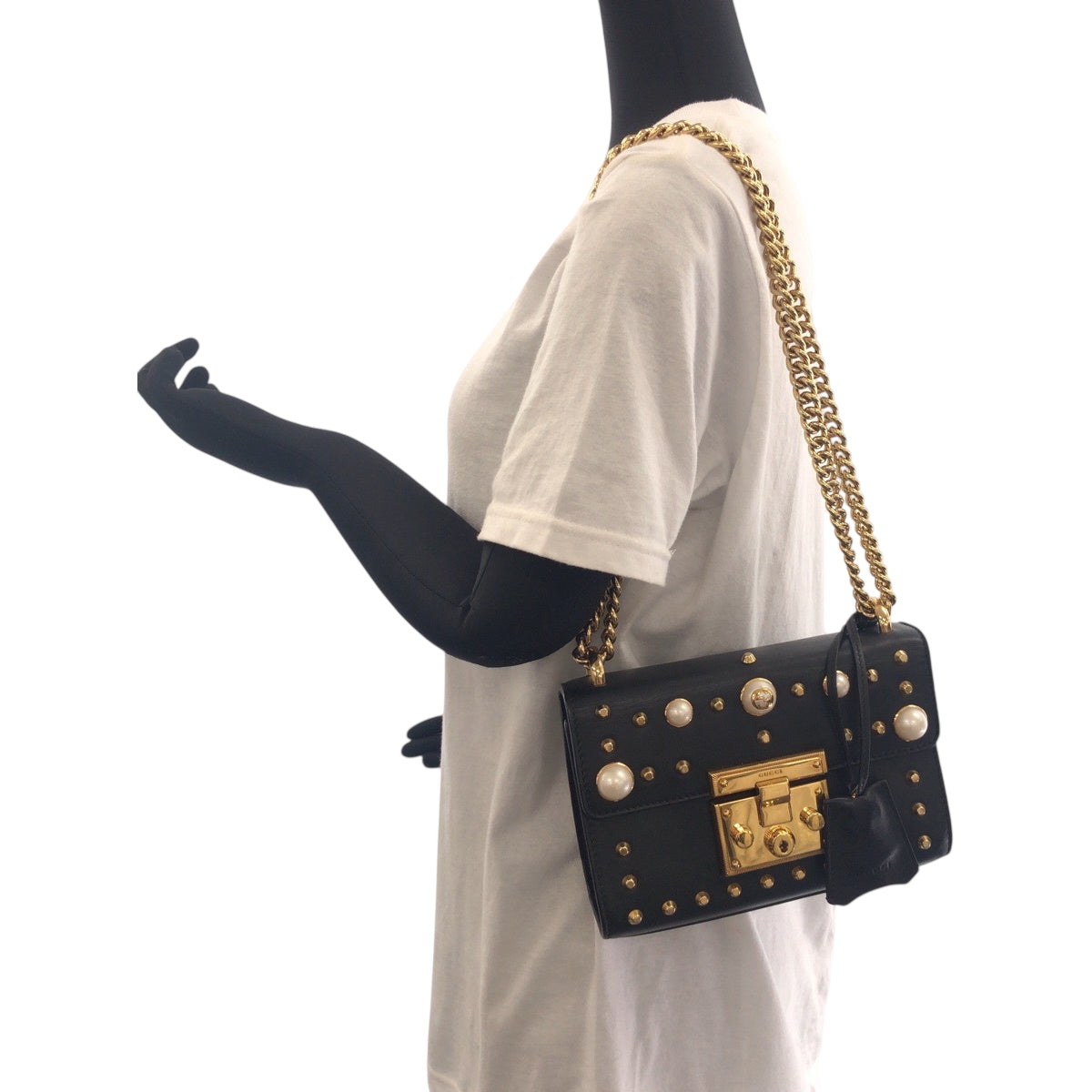 Gucci Shoulder Bag 432182 Leather Black Gold Metal Chainshoulder Bag Pochette Studs Pearl Women