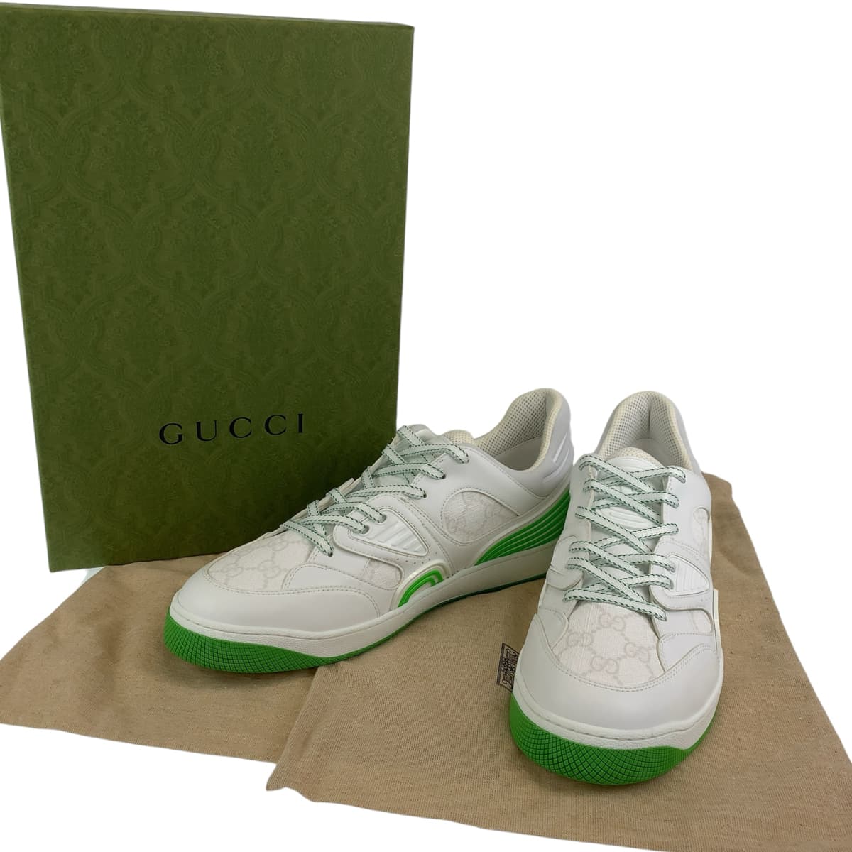 Gucci Sneakers 700290 Leather White Green Sneakers Basketball Shoes Basket Gg Pattern Mens 11