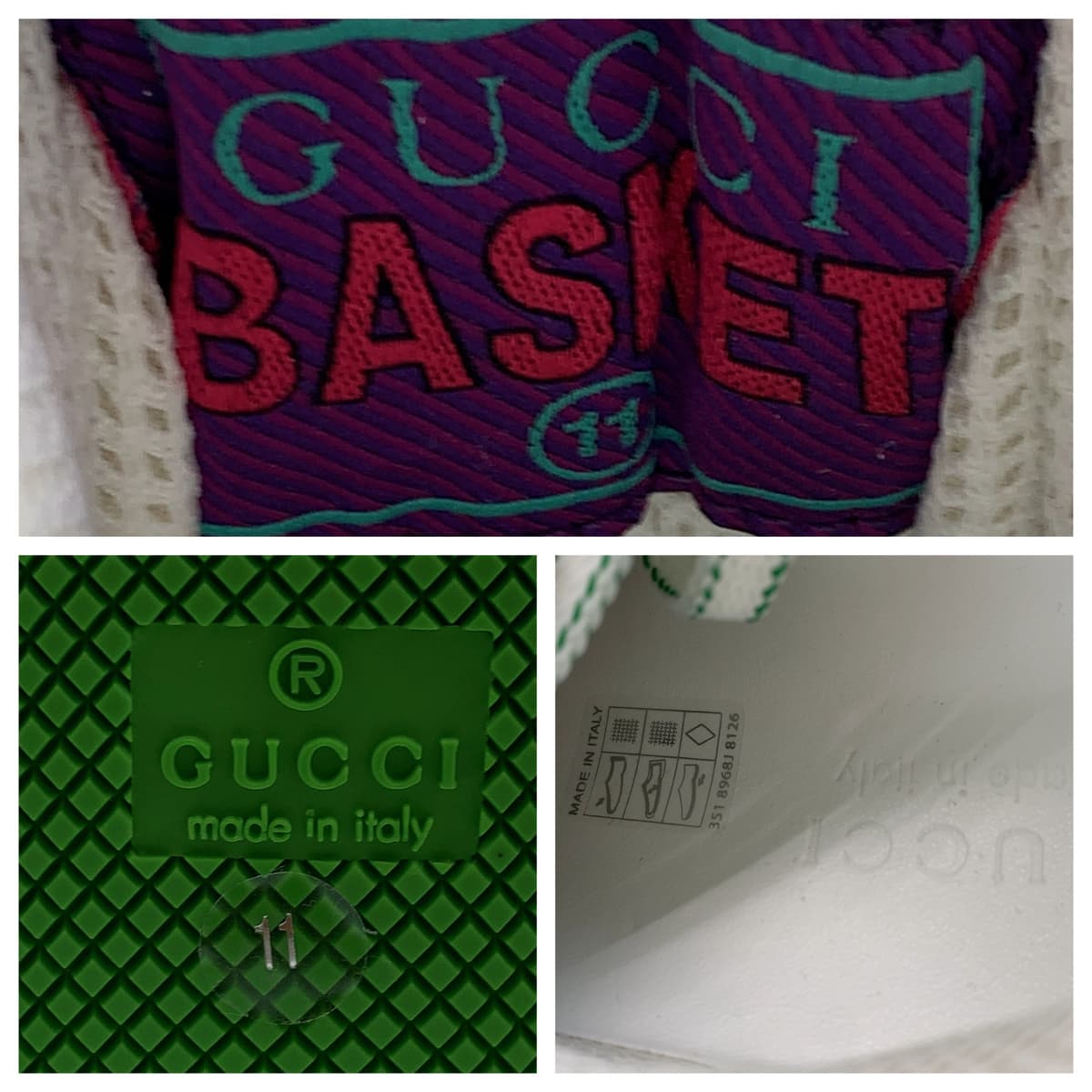 Gucci Sneakers 700290 Leather White Green Sneakers Basketball Shoes Basket Gg Pattern Mens 11