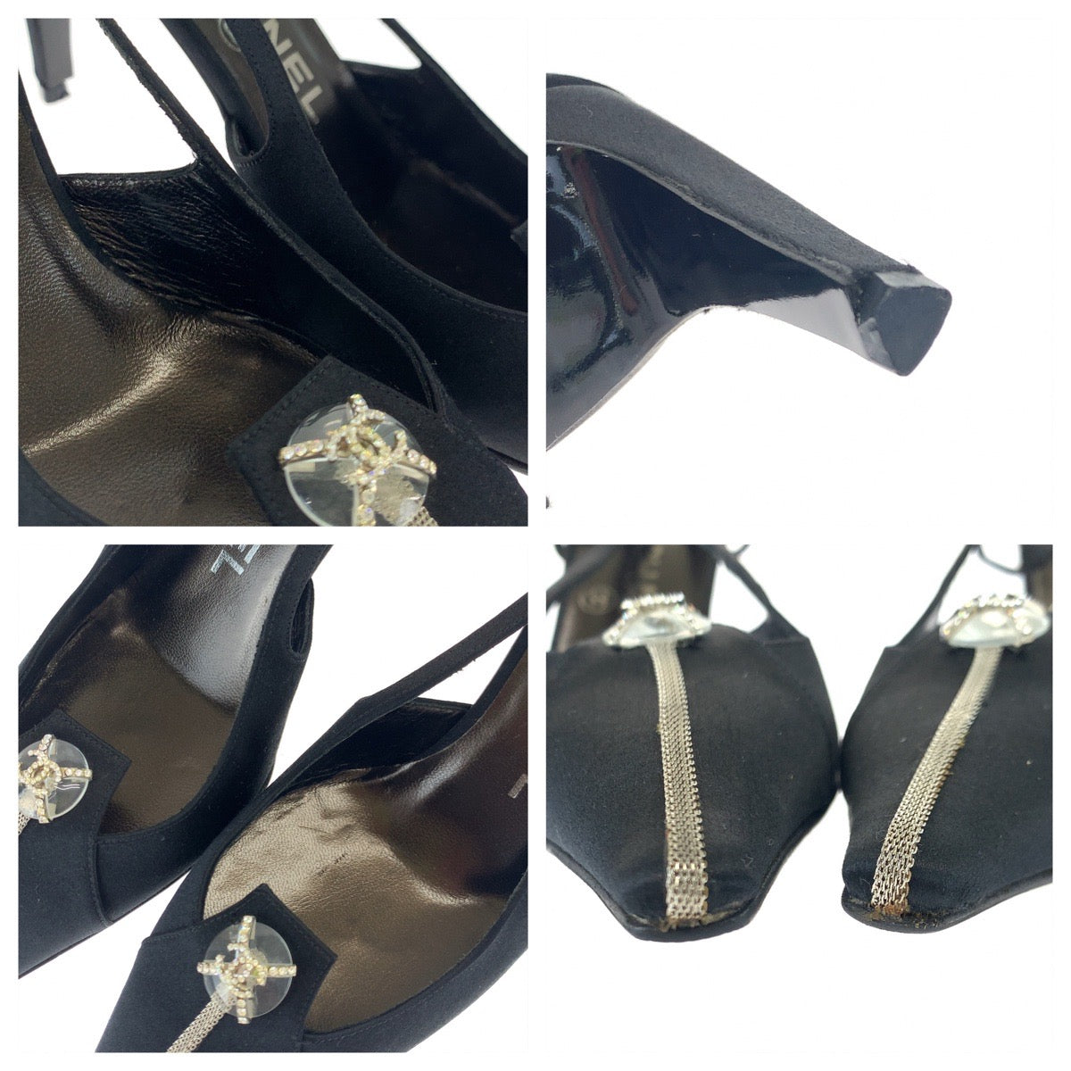 Chanel Pumps Satin Black Silvermetal Pumps Mules High Heels Coco Mark Rhinestone Women 23.5