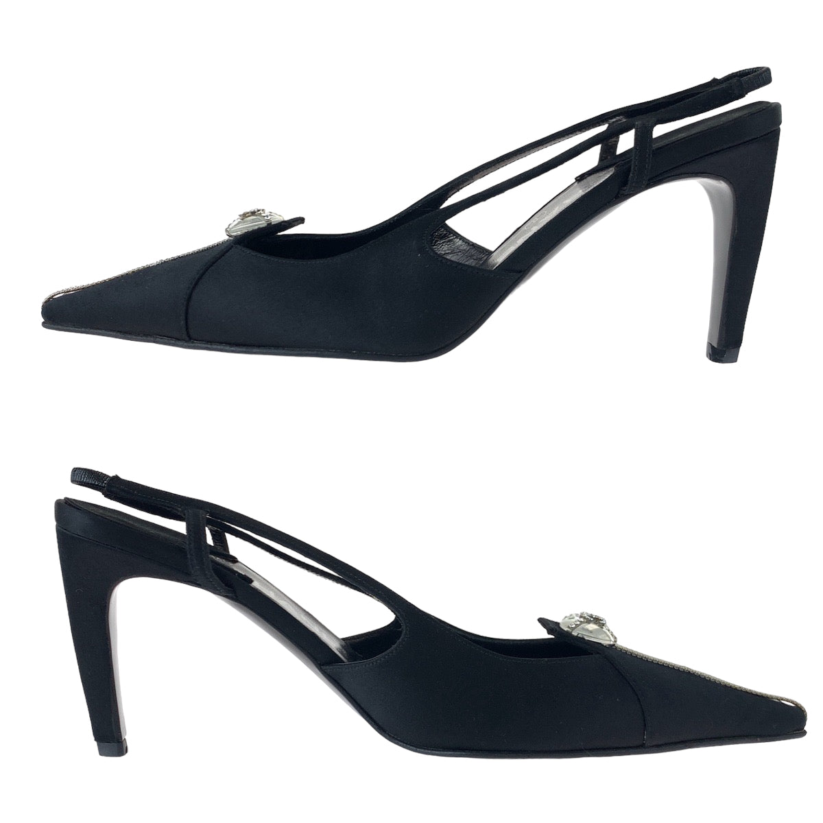 Chanel Pumps Satin Black Silvermetal Pumps Mules High Heels Coco Mark Rhinestone Women 23.5