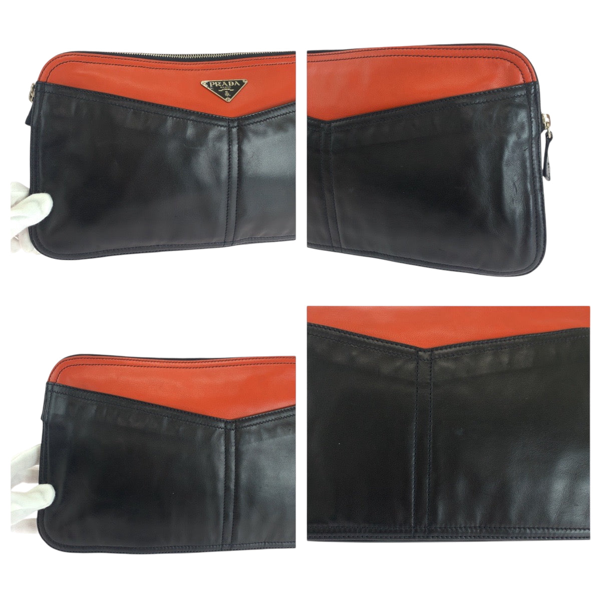 Prada Clutch Bag Leather Black Orange Silvermetal Clutch Bag Business Bag Triangle With Logo Women