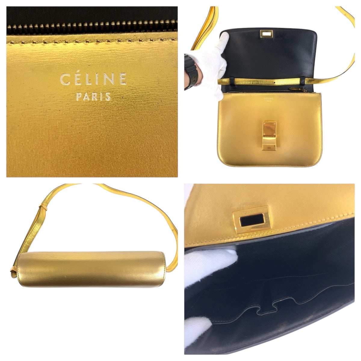 Celine Shoulder Bag Leather Gold Metal Shoulder Bag Pochette Women